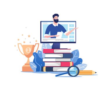 Çevrimiçi eğitim ya da iş eğitimi. Akıl hocasıyla kitap ve bilgisayar yığını. Taşınabilir ve web grafikleri için vektör illüstrasyonu.