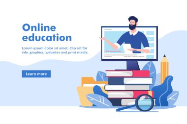 Çevrimiçi eğitim ya da iş eğitimi. Akıl hocasıyla kitap ve bilgisayar yığını. Taşınabilir ve web grafikleri için vektör illüstrasyonu.