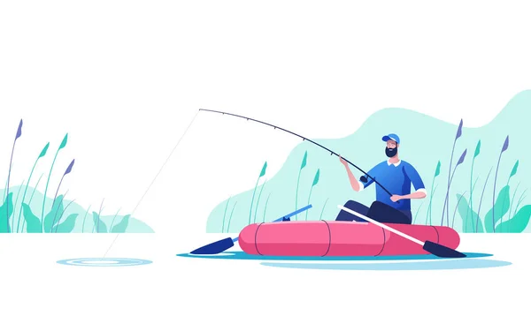 Fisherman with a fishing rod in the boat on the river. Fishing sport, outdoor summer recreation, leisure time. Vector illustration.