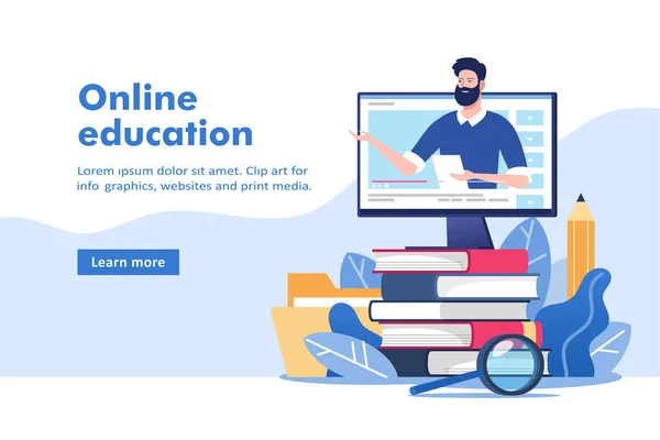 Educazione Online Formazione Aziendale Mucchio Libri Computer Con Mentore Illustrazione — Vettoriale Stock