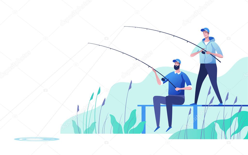 Fishermen at river bank. Fishing sport, outdoor summer vacation, leisure time. Vector illustration.