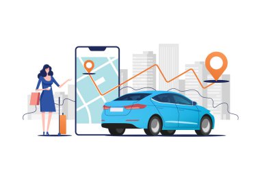 Çevrimiçi taksi çağırma, kira ve paylaşım hizmetleri için mobil uygulama. Akıllı telefon ekranının yanındaki kadın güzergahı ve arabanın üzerindeki şehir haritasının konumu ve şehir manzarası..