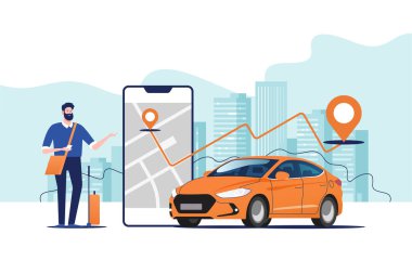 Çevrimiçi taksi çağırma, kira ve paylaşım hizmetleri için mobil uygulama. Akıllı telefon ekranının yanında güzergahı olan ve şehir haritasında yeri olan bir adam var..
