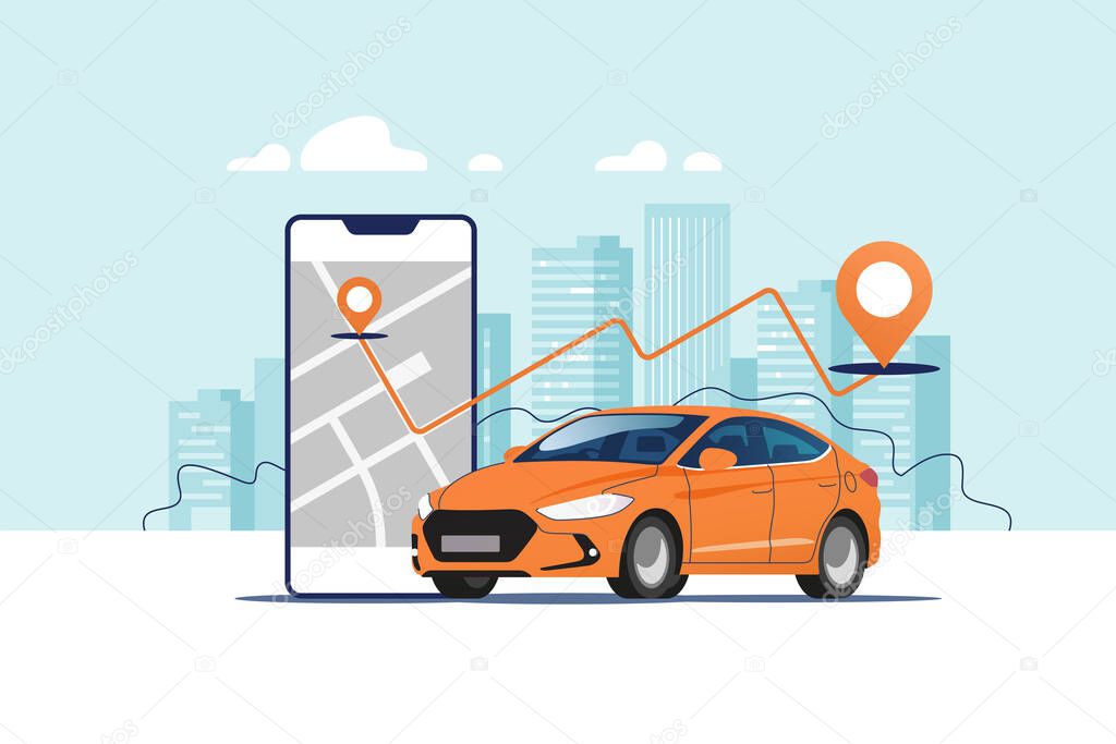 Orange car, smartphone with route and points location on a city map on the urban landscape background. Car and satellite navigation systems concept vector illustration.