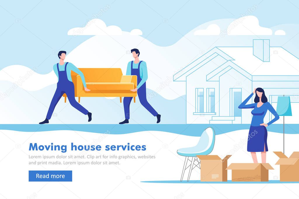 Moving home. Woman packing stuff to move to new house or apartment. Man carrying sofa. Vector illustration.