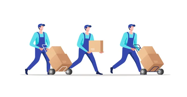 Delivery Service Movers Uniform Transporting Cardboard Boxes Vector Illustration — Stock Vector