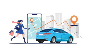 Çevrimiçi taksi çağırma, kira ve paylaşım hizmetleri için mobil uygulama. Akıllı telefon ekranının yanındaki kadın güzergahı ve arabanın üzerindeki şehir haritasının konumu ve şehir manzarası..