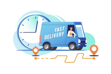 Bir adamla teslimat kamyonu paket taşıyor. Vektör illüstrasyonu.