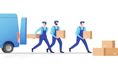 Teslimat servisi ve lojistik. Nakliyeciler karton kutuları minibüsten boşaltıyorlar. Vektör illüstrasyonu.