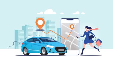 Çevrimiçi taksi çağırma, kira ve paylaşım hizmetleri için mobil uygulama. Akıllı telefon ekranının yanındaki kadın güzergahı ve arabanın üzerindeki şehir haritasının konumu ve şehir manzarası..