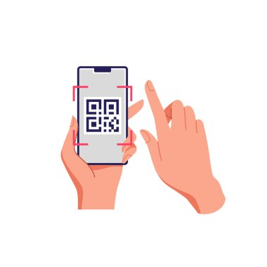 Cep telefonuyla QR kodu taranıyor. Vektör illüstrasyonu.