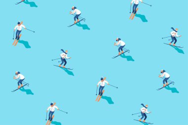 Dağda kayakçılarla birlikte kış tatili geçmişi. Dağ sporu aktiviteleri. Vektör illüstrasyonu.