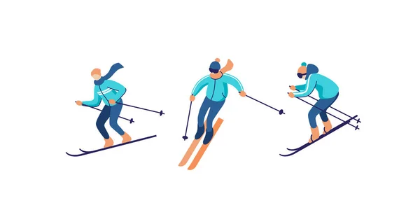 Vector Illustratie Van Skiërs Sportmannen Het Skigebied Winterseizoensactiviteit — Stockvector