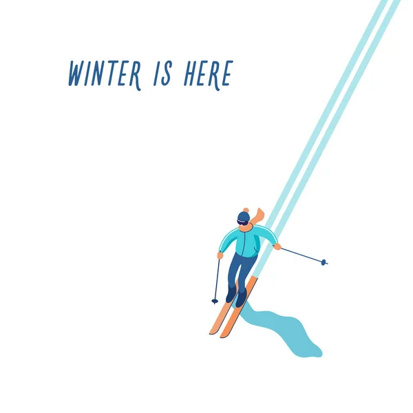 겨울에 스키타고 산에서 텍스트 겨울을 보내는 배경이 여기있습니다 스포츠 일러스트 — 스톡 벡터