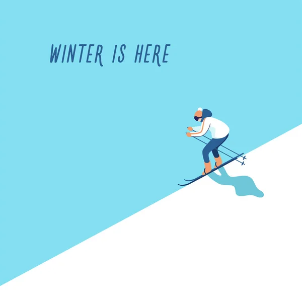 Winter Hintergrund Mit Skifahrer Auf Berg Mit Text Winter Ist — Stockvektor