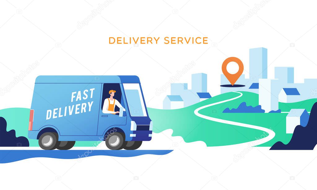 Delivery truck with man is carrying parcels on points. Concept online map, tracking, service. Vector illustration.