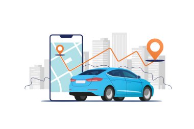 Şehir planında bir şehir haritasında güzergahı ve yeri olan büyük bir cep telefonu. Mavi aracın farklı bir görüntüsü. Çevrimiçi taksi kiralamak için mobil uygulama. Vektör illüstrasyonu.
