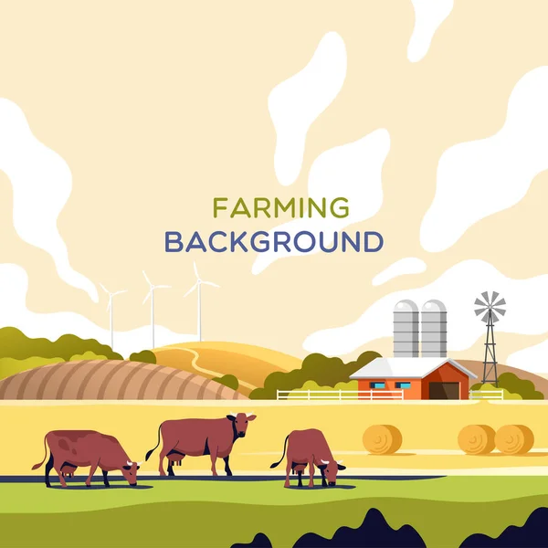 Agriculture industry, farming and animal husbandry concept. Rural landscape with copy space for text. Vector illustration.