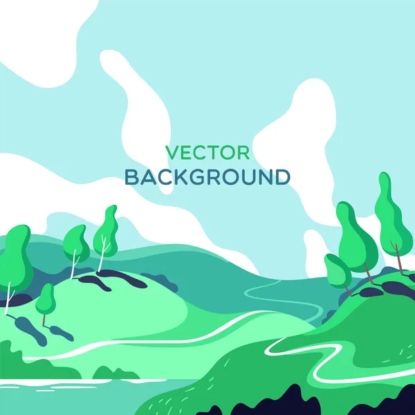 Spring Summer Background Landscape Hills Plants Roads Lake Vector Illustration — Stock Vector