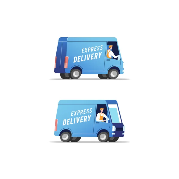 Camiones Reparto Con Hombres Que Transportan Paquetes Ilustración Vectorial — Vector de stock