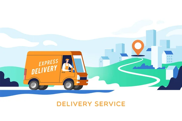 Express Delivery Truck Man Carrying Parcels Points Concept Online Map — Stock Vector