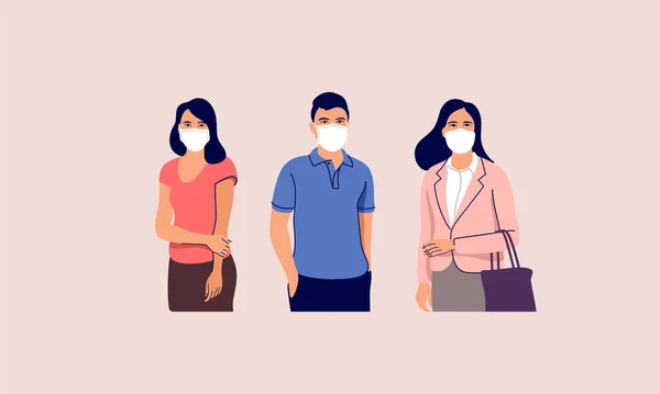 Personas Con Mascarillas Médicas Protectoras Hombre Las Mujeres Que Usan — Vector de stock