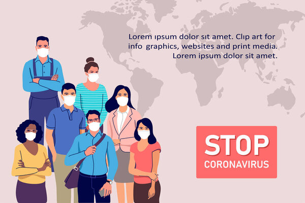 Coronavirus epidemy outbreak concept. People in protective medical face masks. Vector illustration.