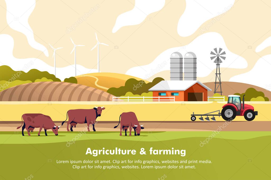 Agriculture and Farming. Agribusiness. Rural landscape. Vector illustration for infographic, websites and print media.
