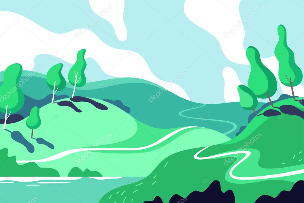 Spring and summer background. Nature landscape with hills, plants, roads and a lake. Vector illustration for advertising, websites and print media.