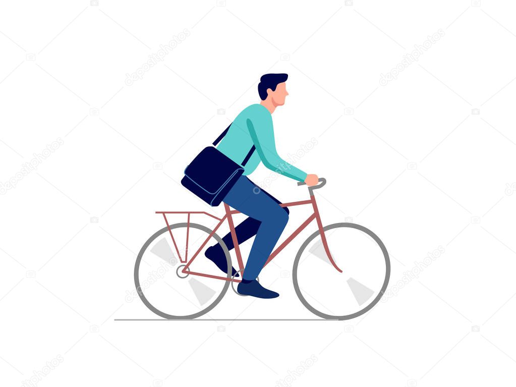 Man with bag, riding city bicycle. Vector illustration.