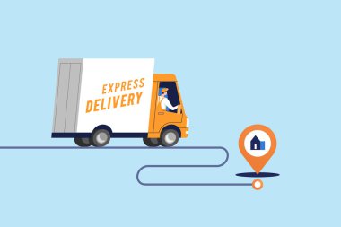 Ekspres teslimat ve lojistik. İnsanlarla dolu kamyon, puanlarda parseller taşıyor. Vektör illüstrasyonu.