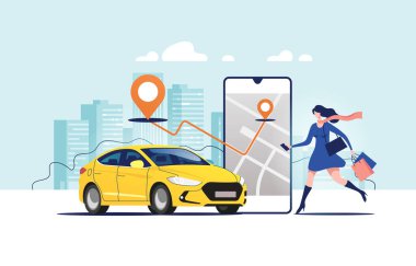 Çevrimiçi taksi çağırma, kira ve paylaşım hizmetleri için mobil uygulama. Akıllı telefon ekranının yanındaki kadın güzergahı ve arabanın üzerindeki şehir haritasının konumu ve şehir manzarası..