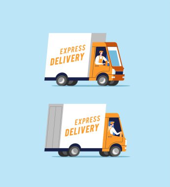 Paket taşıyan adamlarla teslimat kamyonları. Vektör illüstrasyonu.