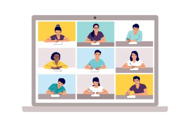 Çevrimiçi sınıf. Okul öğrenimi, evden telekonferans ya da internet konferans çağrısı yoluyla öğrenim görmek. Acil okul, üniversite sınavı ya da ders öğesi. Vektör illüstrasyonu.