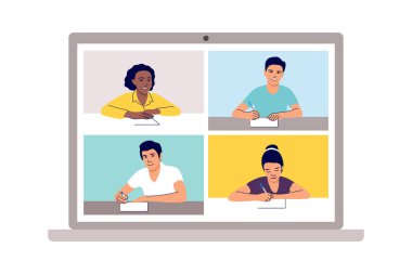 Çevrimiçi uzaktan öğrenme. Okul öğrenimi, evden telekonferans ya da internet konferans çağrısı yoluyla öğrenim görmek. Acil okul, üniversite sınavı ya da ders öğesi. Vektör illüstrasyonu.