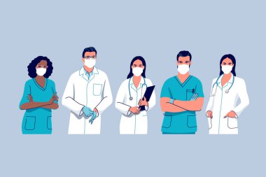 Cerrahi maske takan doktor ve hemşireler, erkek ve kadın tıbbi karakterler. Vektör illüstrasyonu.