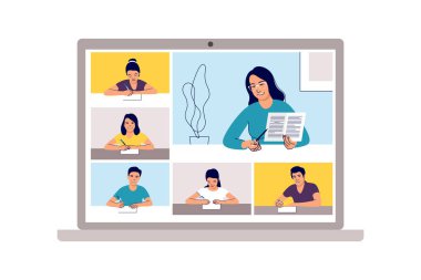Çevrimiçi sınıf. Okul öğrenimi, evde telekonferans eğitimi ya da internet konferans görüşmesi. Acil okul, üniversite sınavı ya da ders öğesi. Vektör illüstrasyonu.