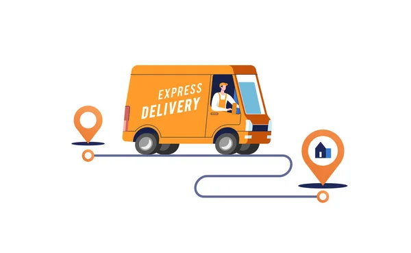 Express Delivery Truck Man Carrying Parcels Points Vector Illustration — Stock Vector