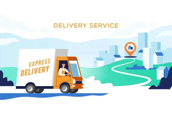 Express Delivery Services Logistics Truck Man Carrying Parcels Points Concept — Stock Vector