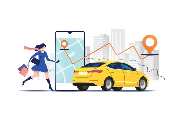 オンライン注文タクシー車 レンタルおよびサービスモバイルアプリケーションを使用して共有します 車と都市景観の背景に都市マップ上のルートとポイントの位置を持つスマートフォンの画面の近くの女性 — ストックベクタ