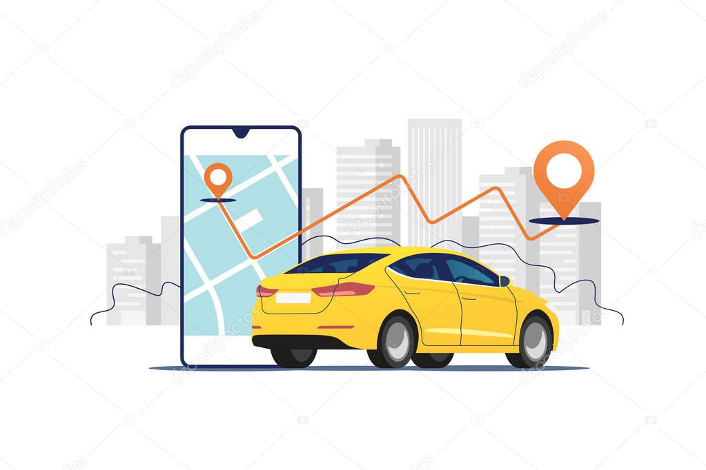 Yellow car, smartphone with route and points location on a city map on the urban landscape background. Car and satellite navigation systems concept vector illustration.