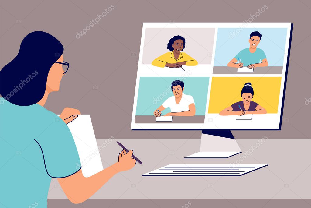 Online remote learning. Teacher with computer. Vector illustration.