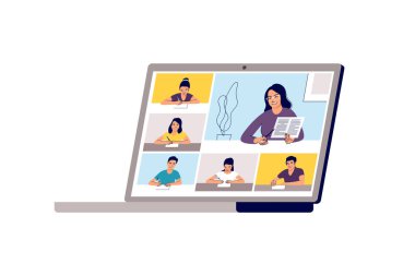 Çevrimiçi sınıf. Okul öğrenimi, evde telekonferans eğitimi ya da internet konferans görüşmesi. Acil okul, üniversite sınavı ya da ders öğesi. Vektör illüstrasyonu.