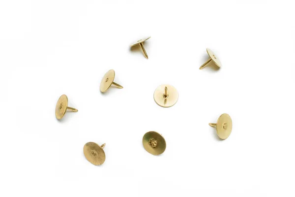 Small Collection Brass Thumbtacks White Background — Stock Photo, Image