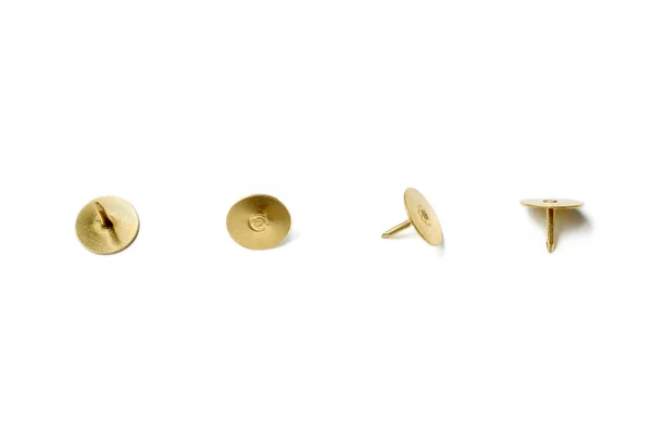 Small Collection Brass Thumbtacks Arranged Line White Background — Stock Photo, Image