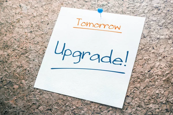 Upgrade Reminder Tomorrow Paper Pinned Cork Board — Stock Photo, Image