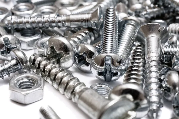 Macro Of A Big Collection Of Iron Screws, Wood Screws And Bolts — Stock Photo, Image