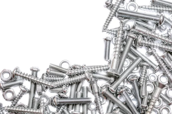 Big Collection Of Iron Screws, Wood Screws and Bolts With A Free Rectangle For Text In The Upper Left Corner — Stock Photo, Image