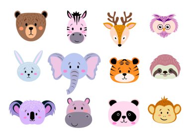 Sevimli, basit hayvan kafaları - ayı, maymun, zebra, baykuş, tembel hayvan, koala, tavşan, fil, kaplan, geyik, su aygırı, panda. Düz dizaynlı bir çizgi film seti. Vektör illüstrasyonu