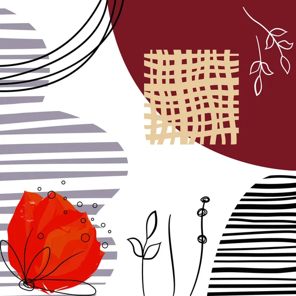 Abstrakter Quadratischer Hintergrund Handgezeichnet Verschiedene Formen Streifen Blumen Florale Elemente — Stockvektor